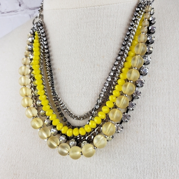 Loft Multi Strand Mixed Media Necklace Beads Rhinestones Chains Silver Yellow - Picture 3 of 11